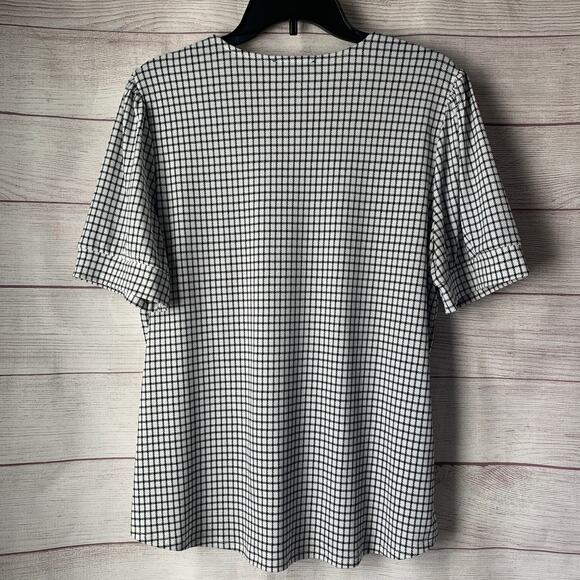 Adrianna Papell Black and White Check Blouse Puff Sleeves V Neckline Size Large - Picture 5 of 11
